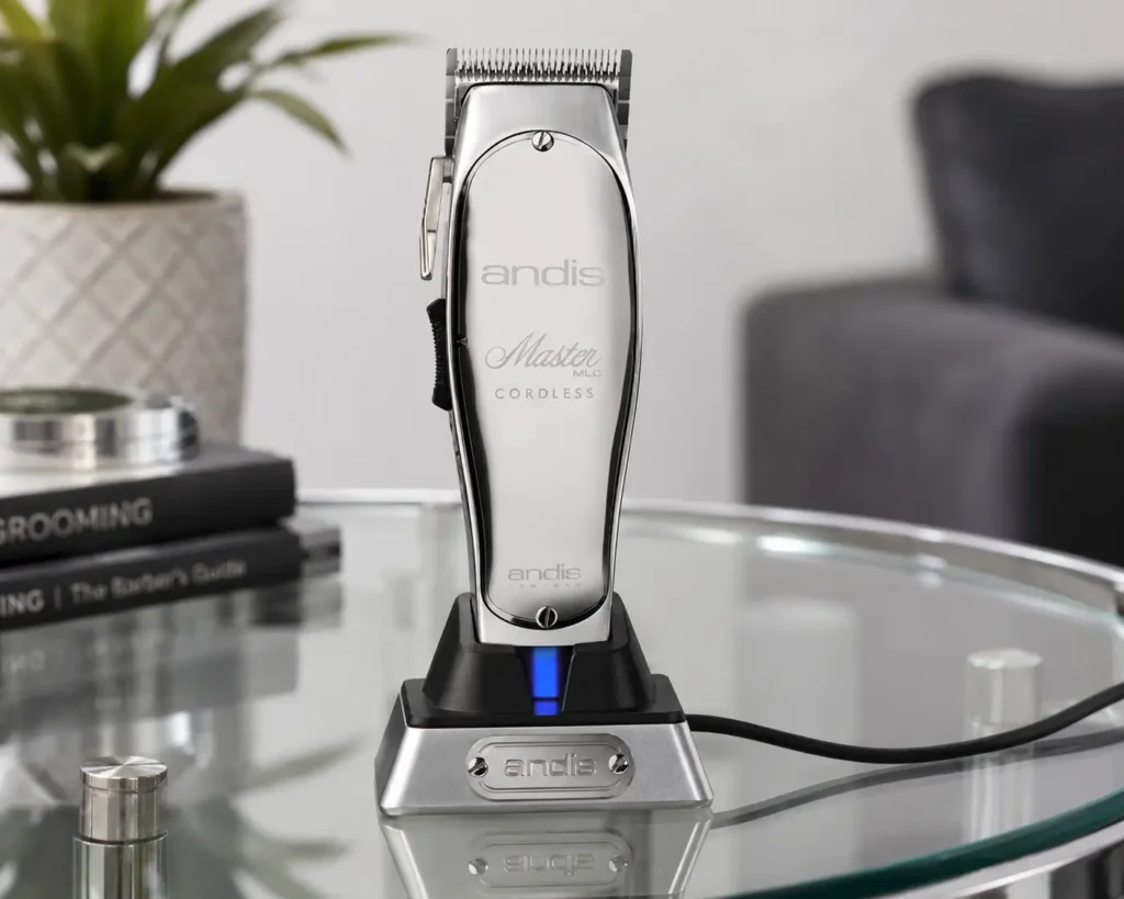 Andis Master Cordless clipper standing in its charging dock on a reflective glass table.