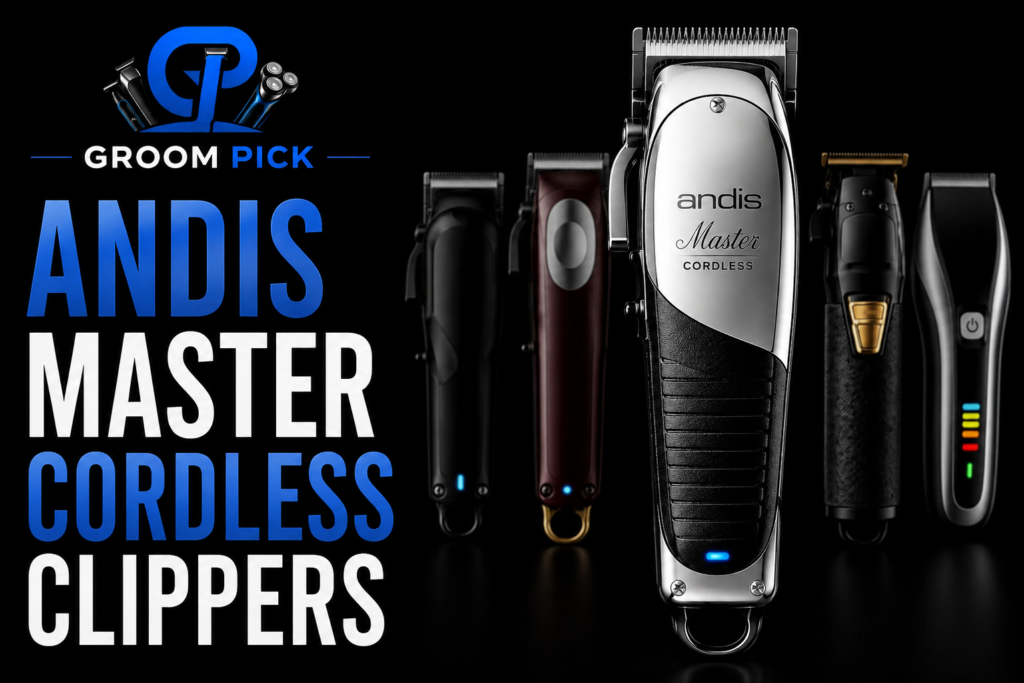 Andis Master Cordless Clippers featured in a professional grooming product graphic with multiple clippers.