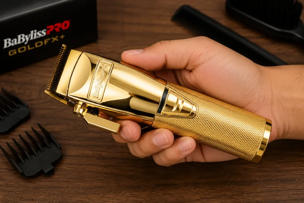 BaBylissPRO GoldFX+ gold hair clipper held horizontally in a hand over a wooden table with barber combs and clipper guards in the background.