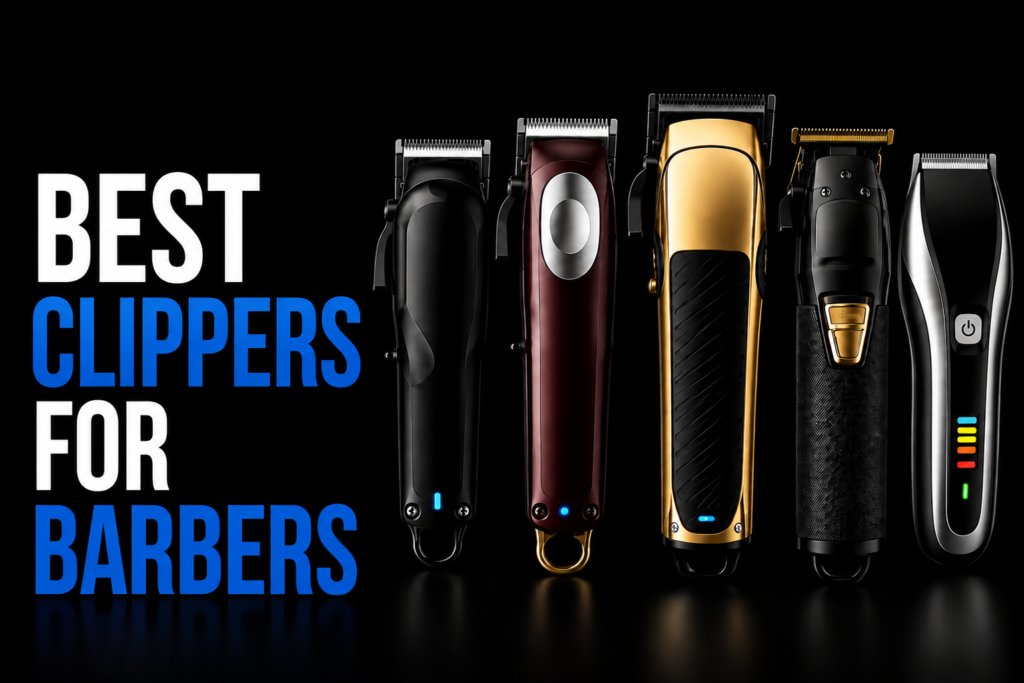 Best clippers for barbers featuring five professional hair clippers on a black background.