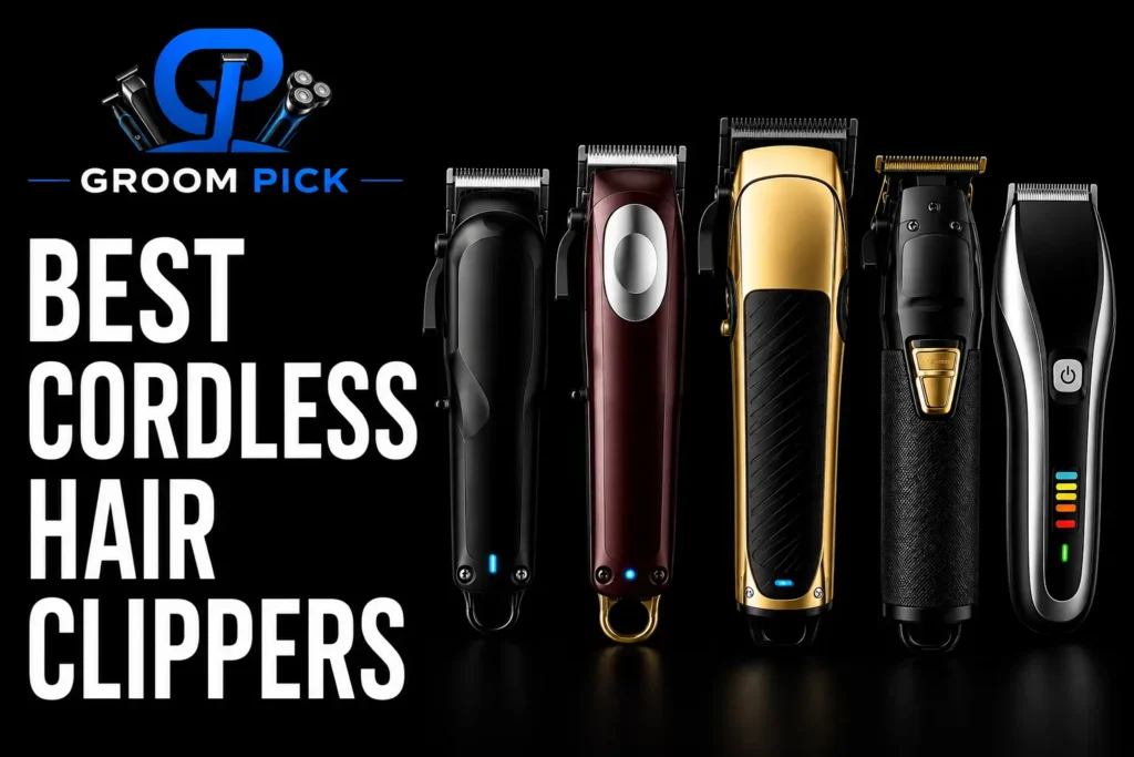 Best cordless hair clippers for men with five professional clippers displayed on a black background alongside the Groom Pick logo.
