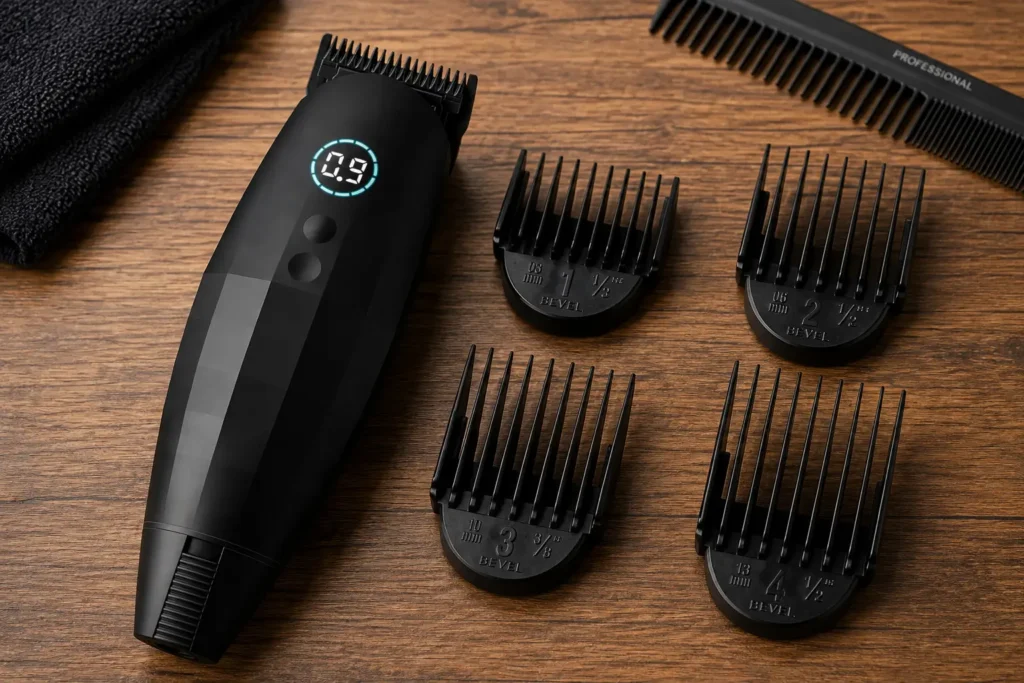 Bevel Pro All-in-One Clipper and Trimmer with four guide combs displayed on a wooden table.