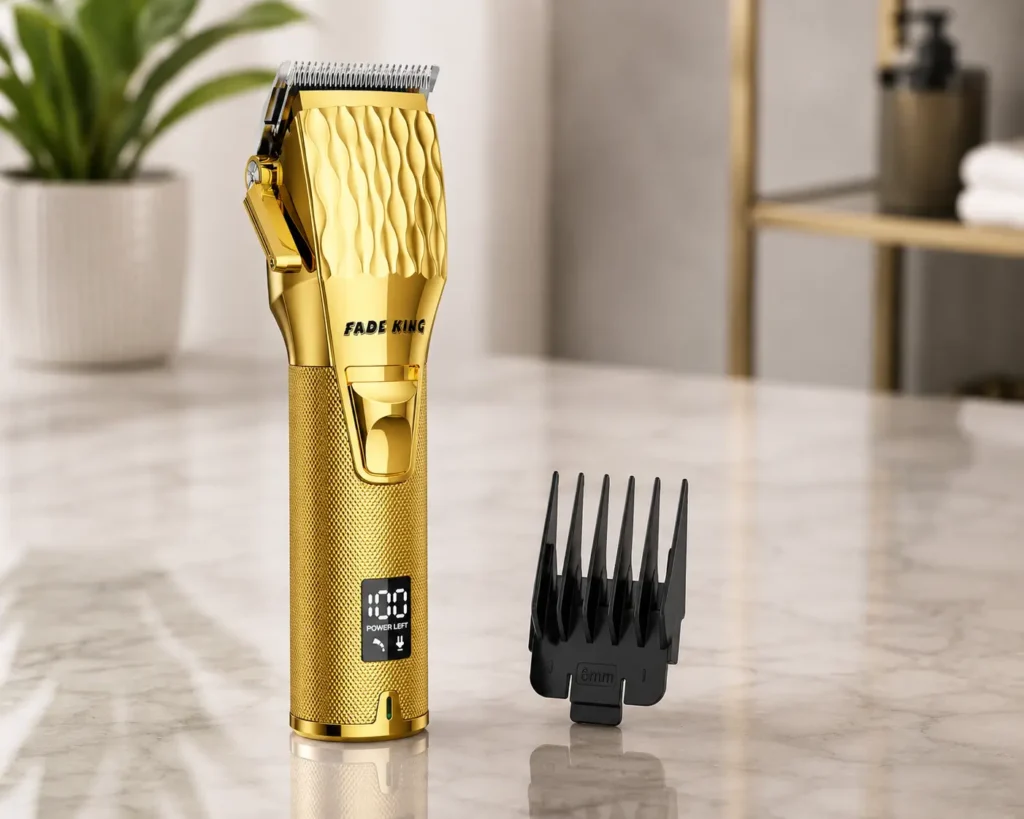 FADEKING gold hair clipper with a black guide comb on a marble tabletop.