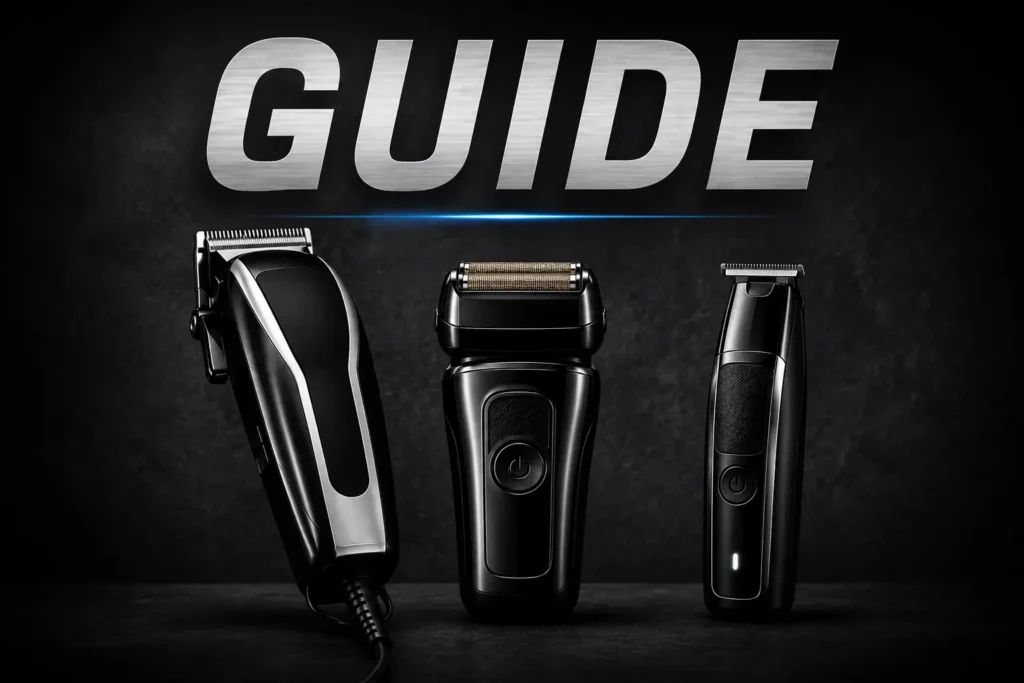 Guide to grooming tools featuring a clipper, shaver, and trimmer on a dark background.