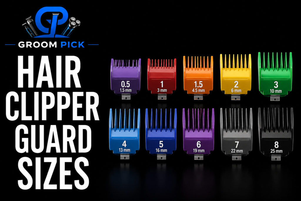 Hair clipper guard sizes chart showing 10 lengths in mm and inches