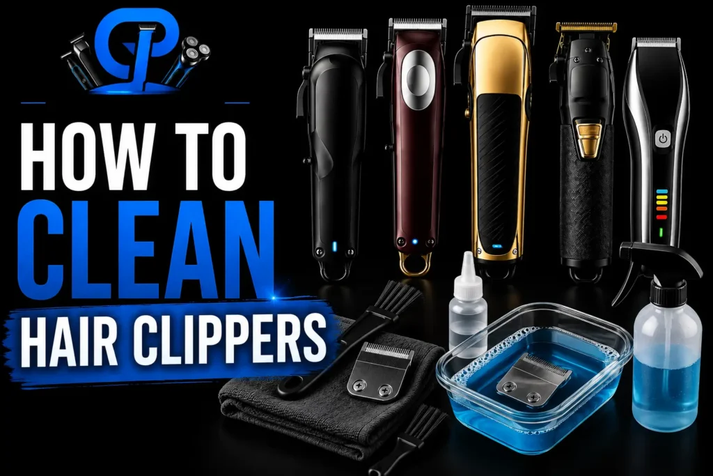 How to clean hair clippers with cleaning tools, disinfectant, brushes, oil, and a blue cleaning solution.