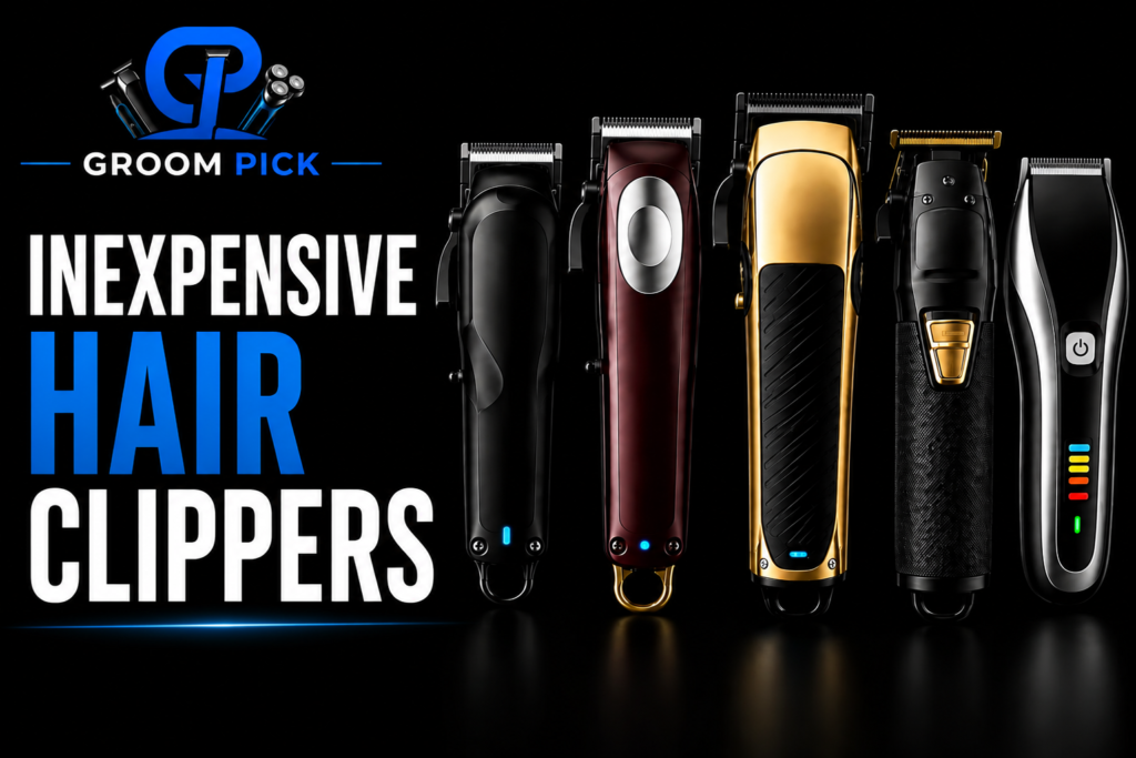 Inexpensive hair clippers displayed in a stylish lineup on a black studio scene!
