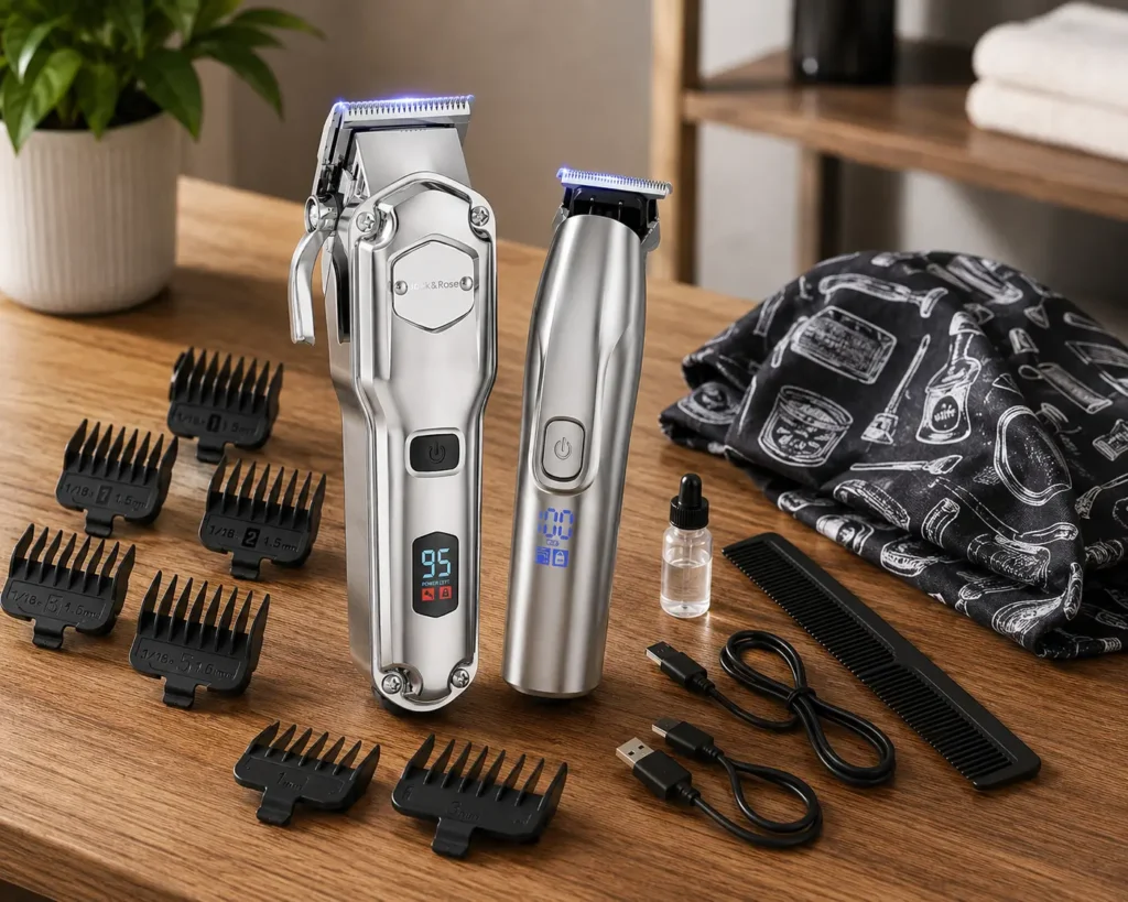 Jack & Rose silver hair clipper and trimmer set with guide combs and accessories arranged on a wooden table.