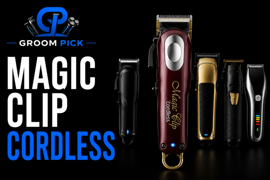 Magic Clip Cordless hair clipper featured in a Groom Pick grooming tools graphic.