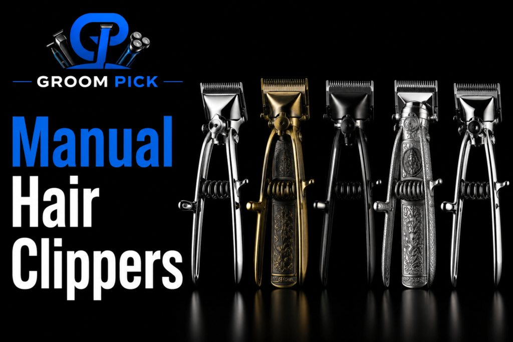 Manual hair clippers with hand-operated blades for quiet, battery-free grooming.
