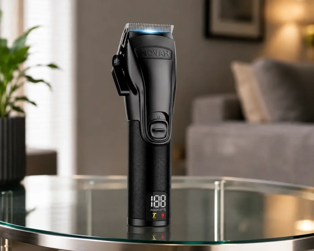 NOVAH Professional Hair Clipper standing upright on a glass table in a modern interior.