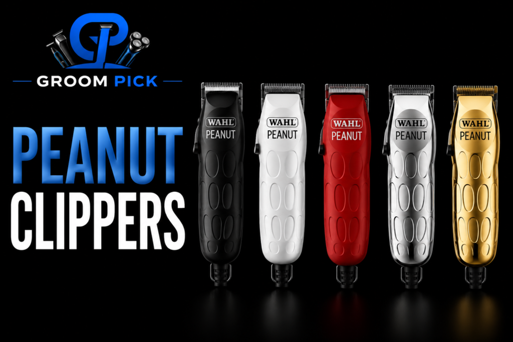 Peanut Clippers featuring five compact professional grooming clippers with GROOM PICK branding.