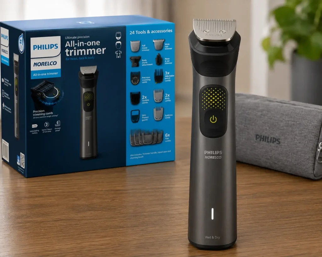 Philips Norelco Multigroom Series 9000 all-in-one trimmer standing on a wooden table with its accessory box and travel pouch behind it.