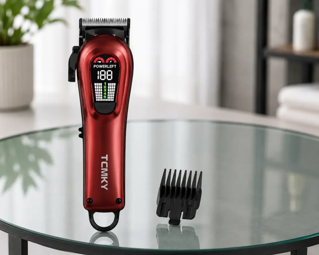 TCMKY red hair clipper with a black guide comb on a glass table.
