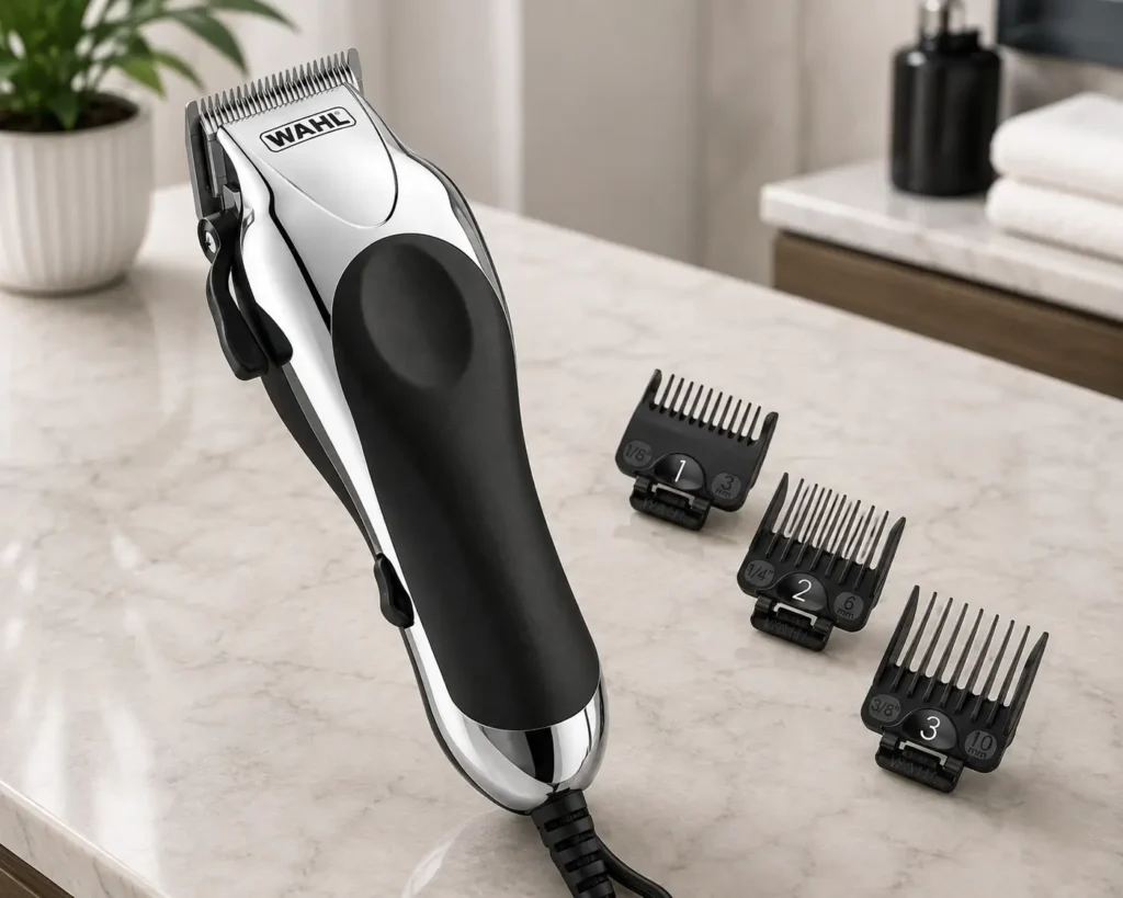 Wahl Chrome Pro hair clipper with three guide combs on a marble tabletop.