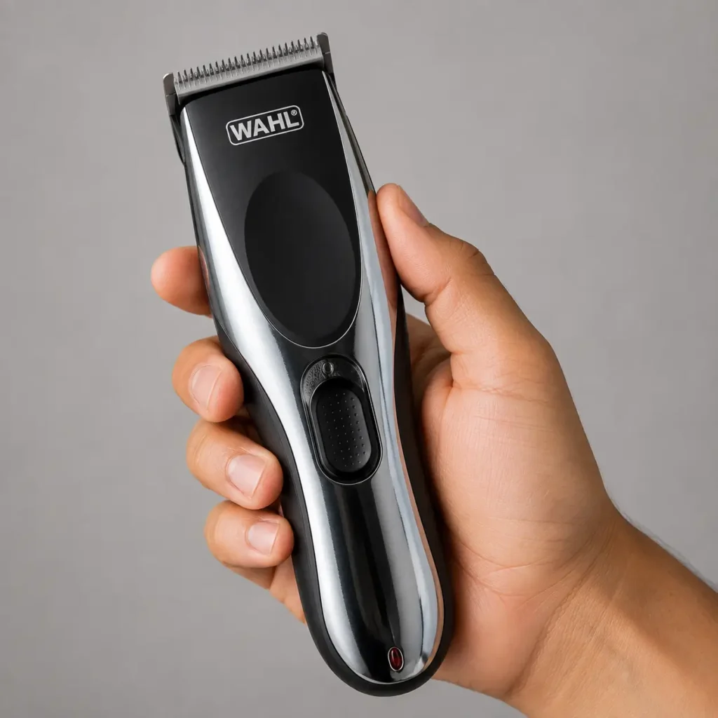 Wahl rechargeable cordless hair clipper held in a hand, featuring a silver and black design.