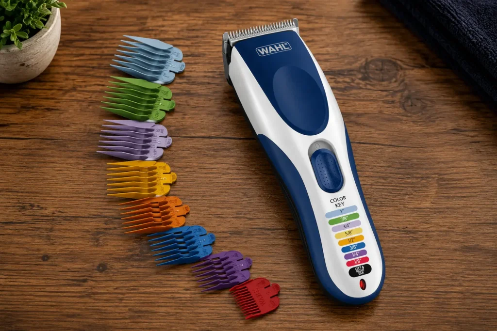 Wahl Color Pro Cordless hair clipper with colorful guide combs on a wooden table.