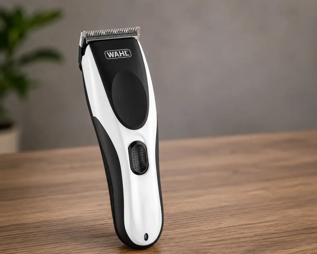 Wahl cordless rechargeable hair clipper placed upright on a wooden table.