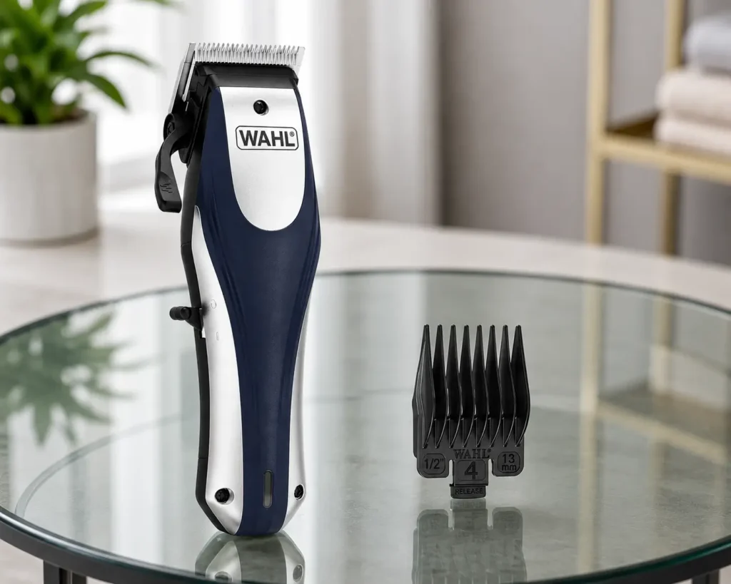 Wahl hair clipper with a black guide comb displayed on a glass table.