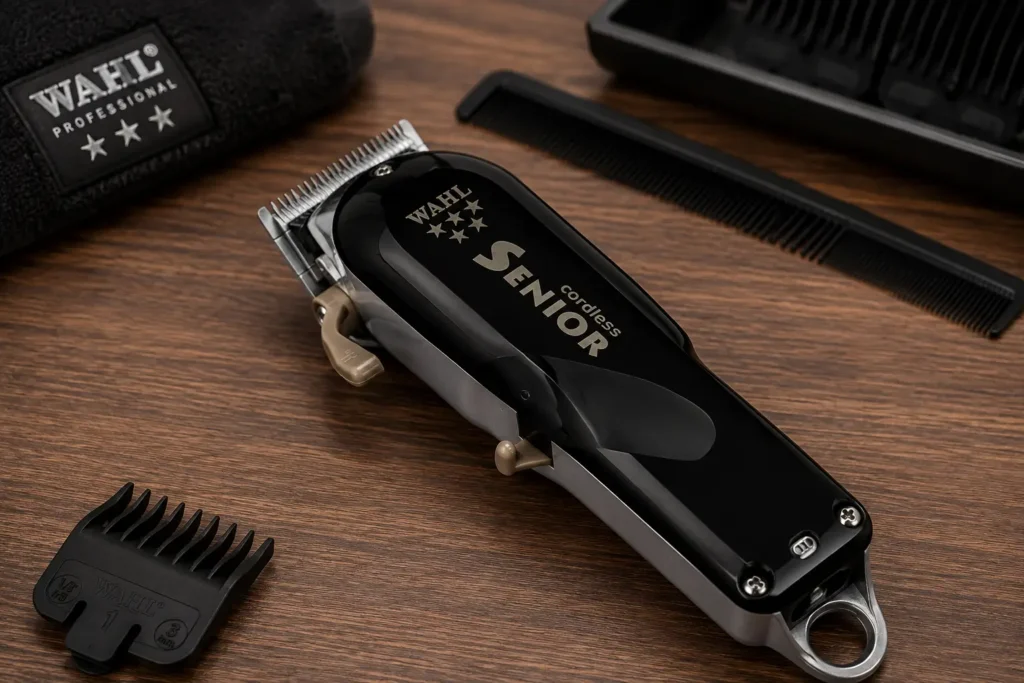 Wahl 5-Star Cordless Senior hair clipper resting on a wooden table with a comb, clipper guard, and barber towel.