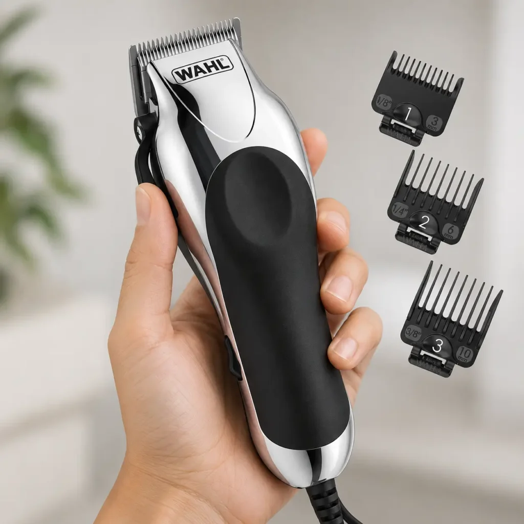 Wahl USA Chrome Pro corded hair clipper held in a hand with three attachment guards displayed beside it.