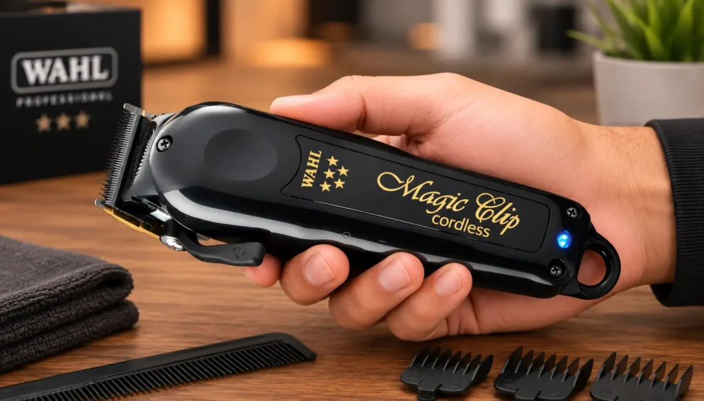 Wahl 5-Star Cordless Magic Clip hair clipper held in a hand over a wooden table, with comb, clipper guards, and barber accessories in the background.