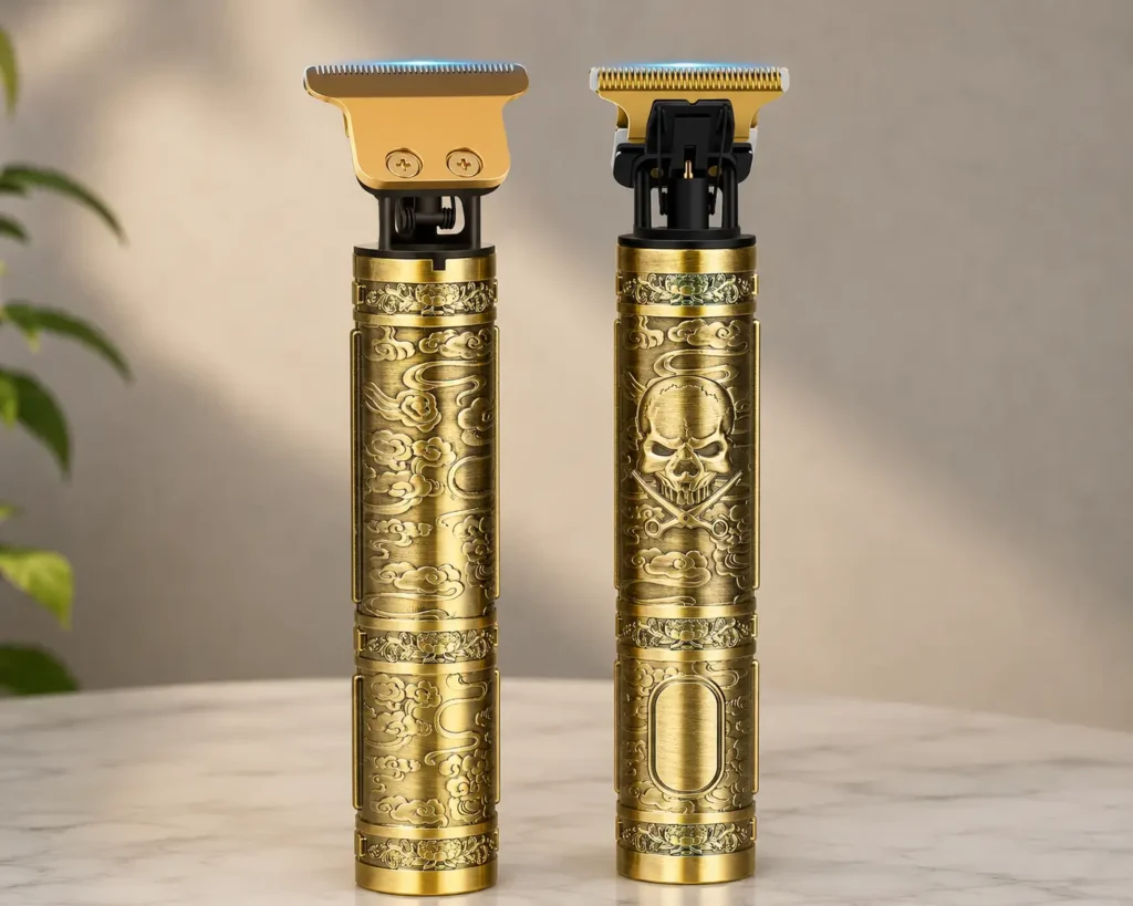 YOGINGO professional gold hair trimmer set with two ornate T-blade trimmers displayed on a marble table.