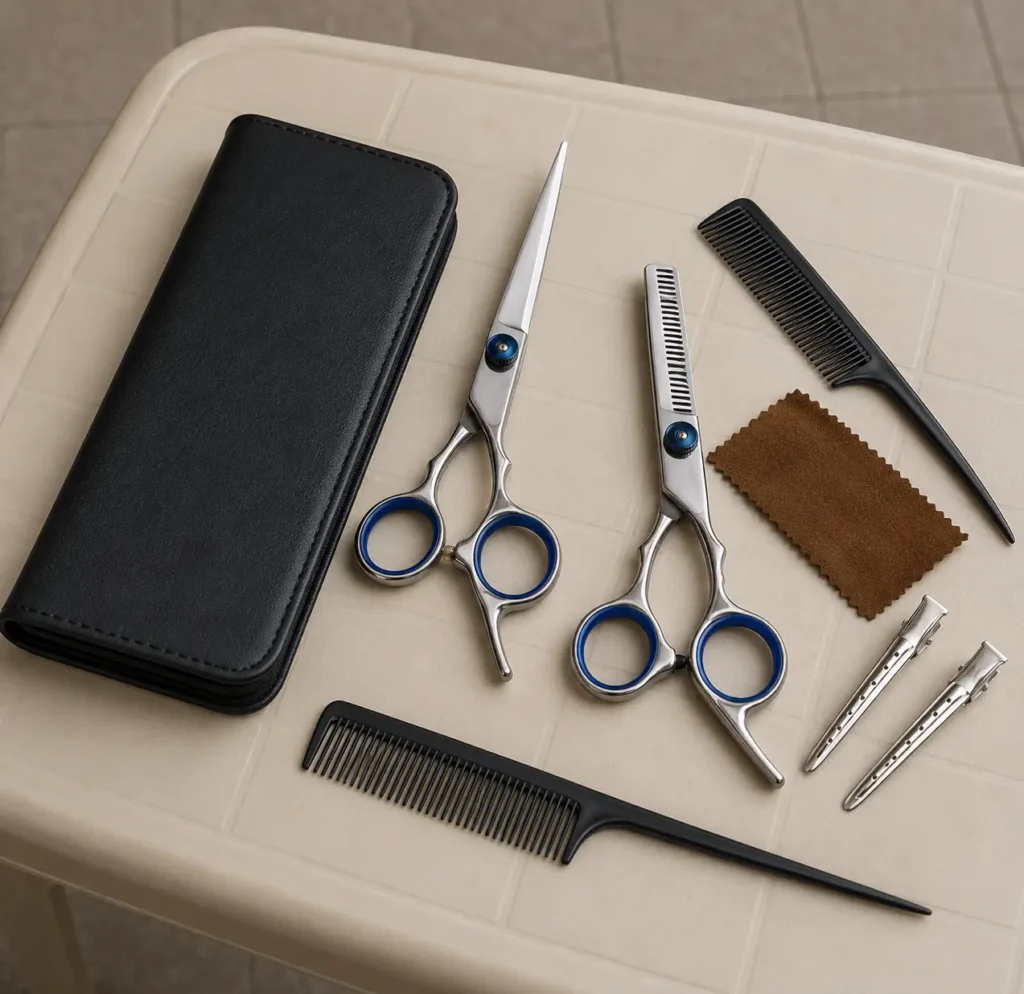 Professional hair-cutting scissors and thinning shears set with combs, clips, cleaning cloth, and black storage case arranged on a plastic table.