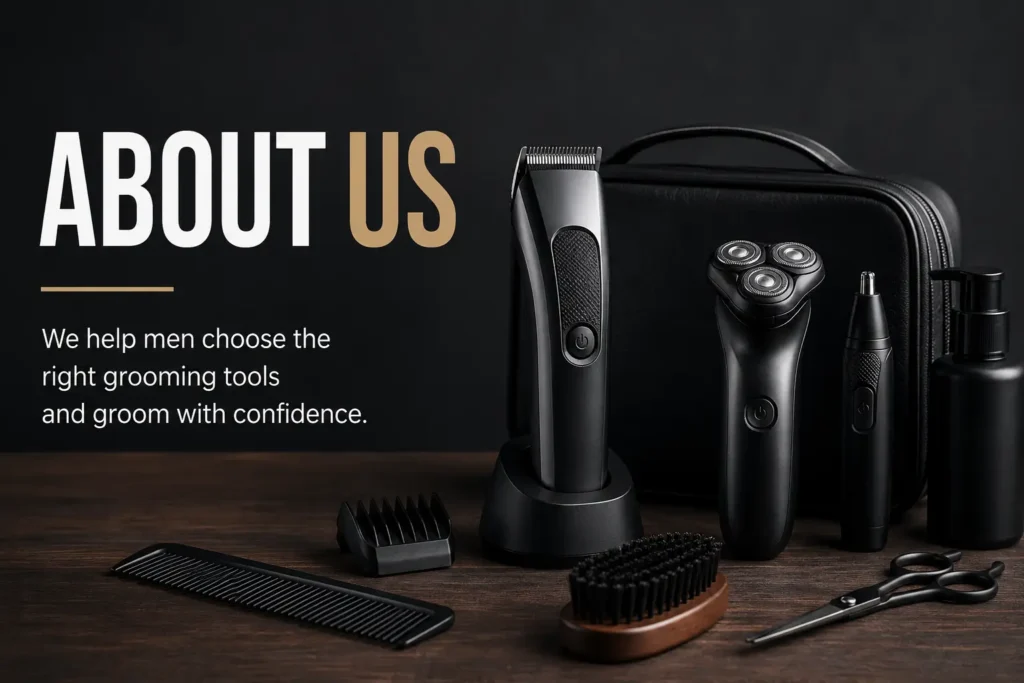 About Us Groom Pick banner featuring men’s clippers, trimmers, shavers, and grooming accessories.
