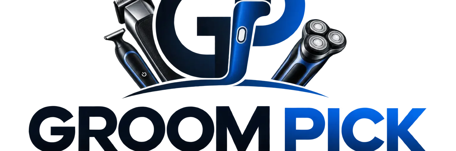 Groom Pick logo featuring a blue GP monogram with men’s grooming tools.