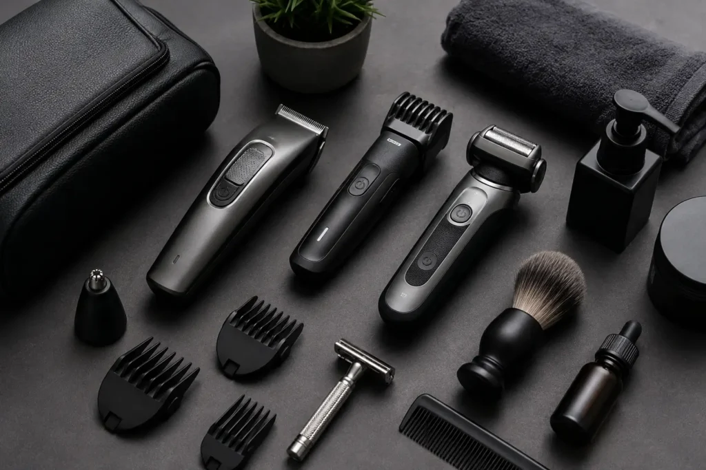 Men’s grooming tools including hair clippers, beard trimmers, electric shavers, and grooming accessories arranged on a dark surface.