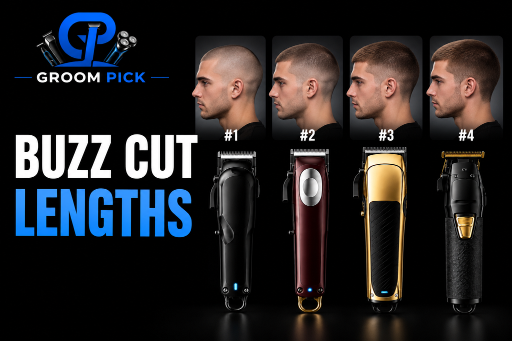Buzz cut lengths chart showing clipper guard sizes from short to long
