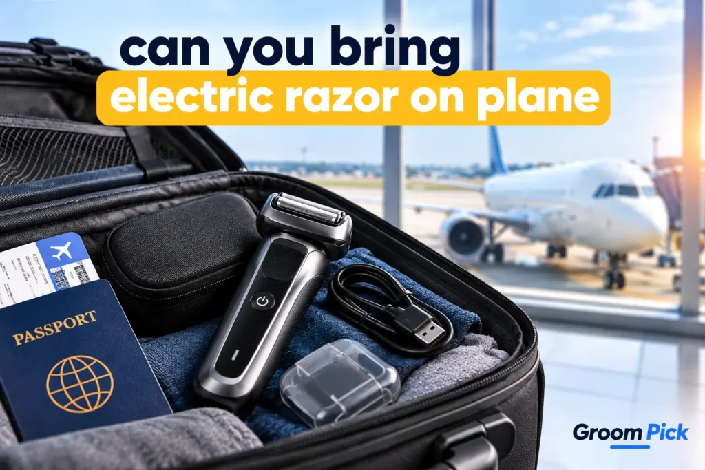 Can you bring electric razor on plane packed safely in carry-on luggage at an airport, with Groom Pick branding.
