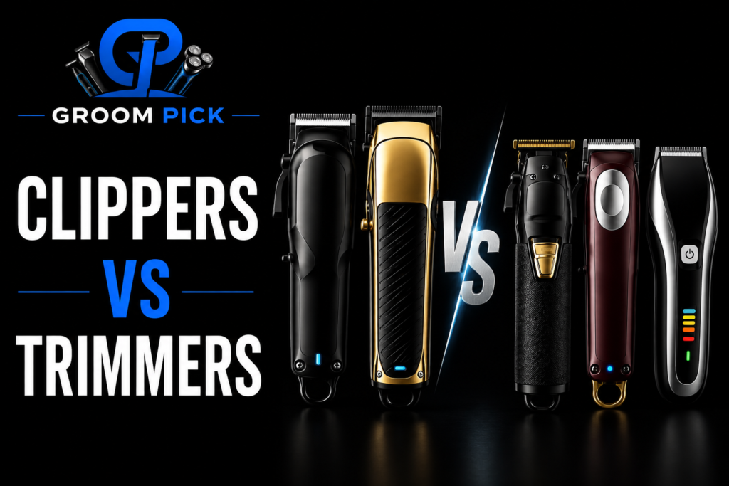 Clippers vs trimmers comparison showing tools for haircuts, fades, and beards