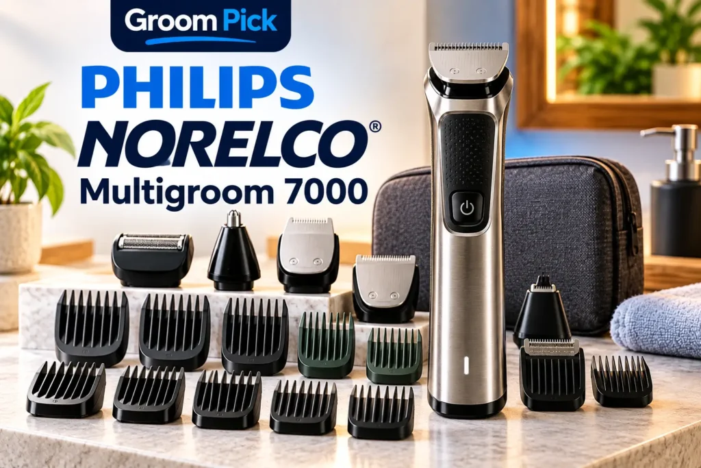 Philips Norelco Multigroom 7000 with grooming attachments and guards for beard, hair, and body trimming