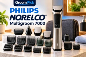 Philips Norelco Multigroom 7000 with grooming attachments and guards for beard, hair, and body trimming