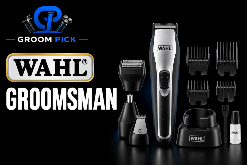 Wahl Groomsman trimmer with grooming attachments on black promotional background
