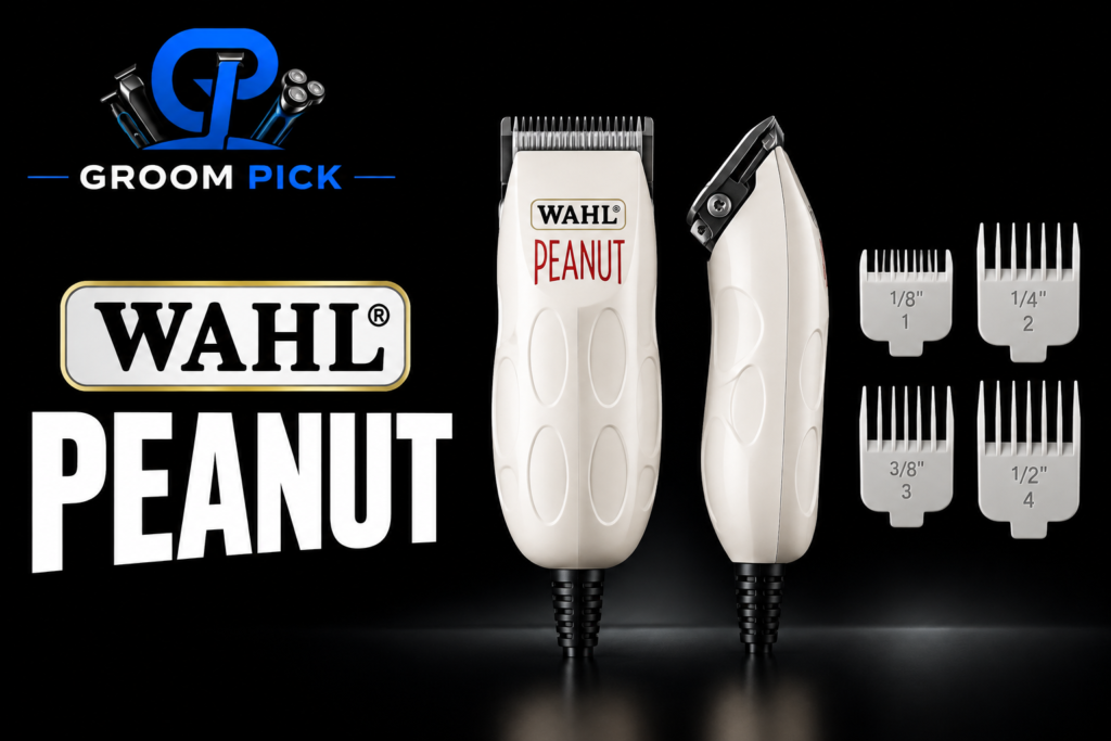 Wahl Peanut clipper featured image with Groom Pick branding, Wahl Peanut clipper views, and trimming guards.