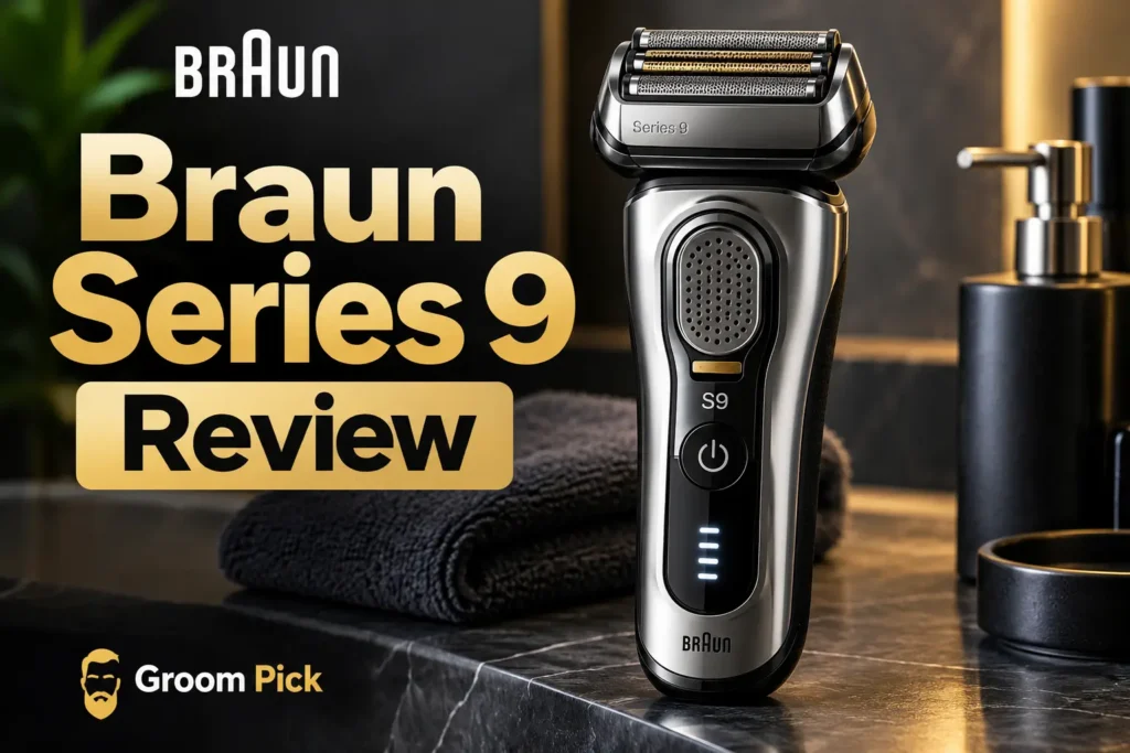 Braun Series 9 Review featuring a premium electric shaver by Groom Pick brand.